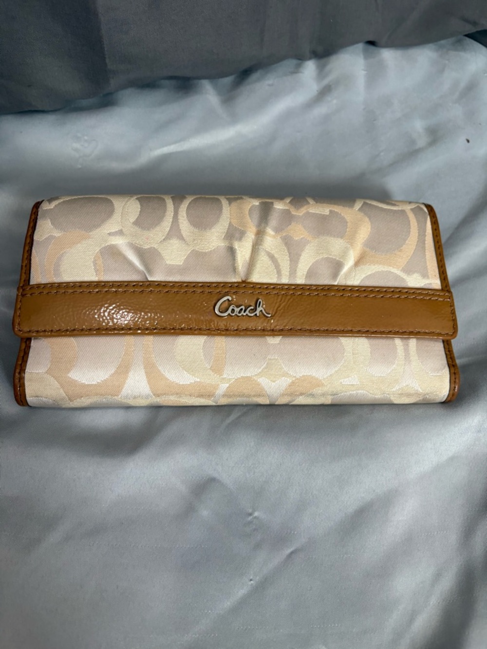 Coach Beige Signature Fold Wallet with Brown Leather Trim
